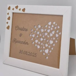 Geldgeschenk Hochzeit personalisiert – Erinnerung im weißen Rahmen mit Herz-Ausschnitt