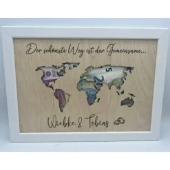 Geldgeschenk Hochzeit Weltkarte, Hochzeitsgeschenk personalisiert, Geschenkidee im Bilderrahmen Urlaubsgeschenk,