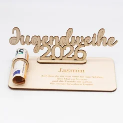 Geldgeschenk Jugendweihe 2026 - personalisiert aus Holz - modernes Jugendweihe Geschenk mit Name