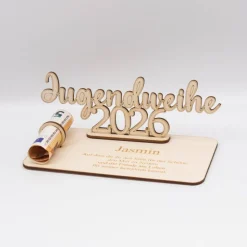 Geldgeschenk Jugendweihe 2026 - personalisiert aus Holz - modernes Jugendweihe Geschenk mit Name