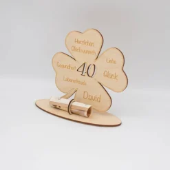 Geldgeschenk Kleeblatt - aus Holz personalisiert