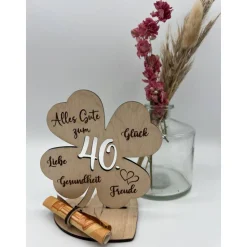 Geldgeschenk Kleeblatt aus Holz – Personalisiert zum 40. Geburtstag, 12,5cm oder 18cm, mit Namensgravur
