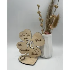 Geldgeschenk Kleeblatt Holz 70. Geburtstag, 12,5cm oder 18,0cm, Geldgeschenk auf Wunsch mit Namensgravur