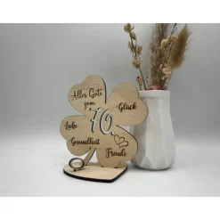 Geldgeschenk Kleeblatt Holz 70. Geburtstag, 12,5cm oder 18,0cm, Geldgeschenk auf Wunsch mit Namensgravur