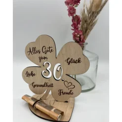 Geldgeschenk Kleeblatt Holz 80. Geburtstag, 12,5cm oder 18,0cm, Geldgeschenk auf Wunsch mit Namensgravur