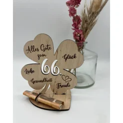 Geldgeschenk Kleeblatt Holz 66. Geburtstag, 12,5cm oder 18,0cm, Geldgeschenk auf Wunsch mit Namensgravur