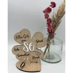 Geldgeschenk Kleeblatt Holz 60. Geburtstag, 12,5cm oder 18,0cm, Geldgeschenk auf Wunsch mit Namensgravur