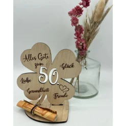 Geldgeschenk Kleeblatt Holz 60. Geburtstag, 12,5cm oder 18,0cm, Geldgeschenk auf Wunsch mit Namensgravur