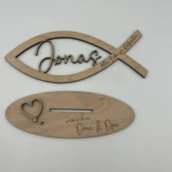 Geldgeschenk Konfirmation aus Holz – Fisch mit Wunschname & Gravur zur Konfirmation, Kommunion, Taufe & Jugendweihe