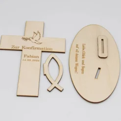 Geldgeschenk Konfirmation - Kreuz - aus Holz personalisiert