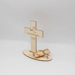 Geldgeschenk Konfirmation - Kreuz - aus Holz personalisiert