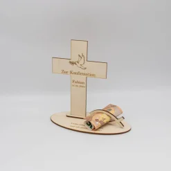 Geldgeschenk Konfirmation - Kreuz - aus Holz personalisiert
