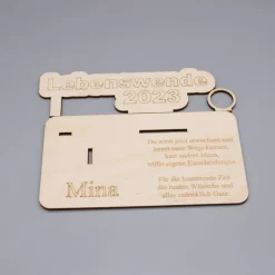 Geldgeschenk Lebenswende - aus Holz personalisiert