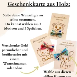 Geldgeschenk mit Wunschgravur / Geschenkkarte aus Holz Löwe Hase Elefant