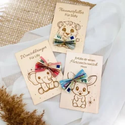 Geldgeschenk mit Wunschgravur / Geschenkkarte aus Holz Löwe Hase Elefant