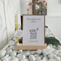 Geldgeschenk Personalisiert | Virtuelles Sparbuch | QrCode Geschenkkarte inklusive Reagenzglas und Kartenständern | Auto
