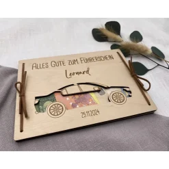 Geldgeschenk personalisiert zum bestandenem Führerschein aus Holz, Geschenk zur bestandenen Prüfung. Holzkarte