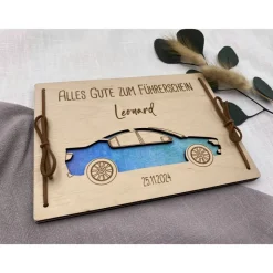 Geldgeschenk personalisiert zum bestandenem Führerschein aus Holz, Geschenk zur bestandenen Prüfung. Holzkarte