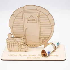Geldgeschenk Sauna - aus Holz personalisiert