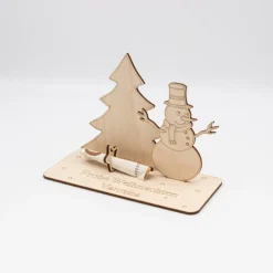 Geldgeschenk Schneemann mit Tannenbaum - aus Holz personalisiert