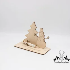 Geldgeschenk Schneemann mit Tannenbaum - aus Holz personalisiert