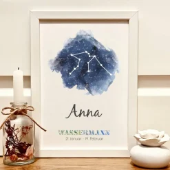 Geldgeschenk Sternzeichen Wassermann personalisiert – Einzigartiges Geburtstagsgeschenk mit Namen im A4-Rahmen