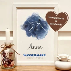 Geldgeschenk Sternzeichen Wassermann personalisiert – Einzigartiges Geburtstagsgeschenk mit Namen im A4-Rahmen