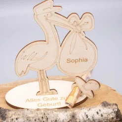 Geldgeschenk Storch - aus Holz personalisiert