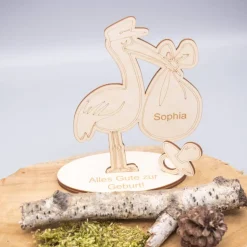 Geldgeschenk Storch - aus Holz personalisiert