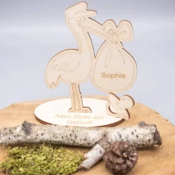Geldgeschenk Storch - aus Holz personalisiert