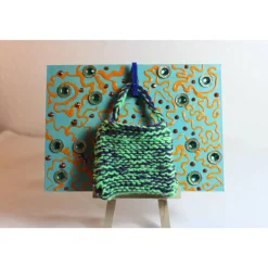 Geldgeschenk TASCHERL TÜRKIS/ORANGE Collage auf einer Malplatte inklusive Staffelei und einer kleinen Wolltasche - Ge