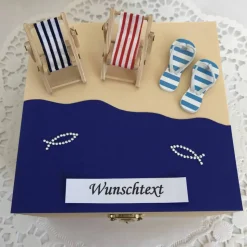 Geldgeschenk Urlaub Reise Meer Reisekasse Strand maritim Liegestuhl Wellness entspannen relaxen Frau Mann Holzbox