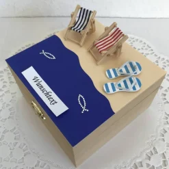 Geldgeschenk Urlaub Reise Meer Reisekasse Strand maritim Liegestuhl Wellness entspannen relaxen Frau Mann Holzbox