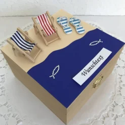 Geldgeschenk Urlaub Reise Meer Reisekasse Strand maritim Liegestuhl Wellness entspannen relaxen Frau Mann Holzbox