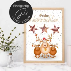Geldgeschenk Weihnachten drei niedliche Rentiere |  Geschenkidee Weihnachtsgeld | Wunscherfüller Geld Stern
