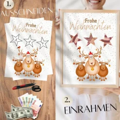 Geldgeschenk Weihnachten drei niedliche Rentiere |  Geschenkidee Weihnachtsgeld | Wunscherfüller Geld Stern
