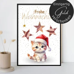 Geldgeschenk Weihnachten Katze mit Weihnachtsmütze |  Geschenkidee Weihnachtsgeld | Wunscherfüller Geld Stern