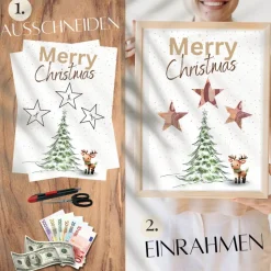 Geldgeschenk Weihnachten Rentier vor Wintertanne |  Geschenkidee Weihnachtsgeld | Wunscherfüller Geld Stern