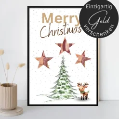 Geldgeschenk Weihnachten Rentier vor Wintertanne |  Geschenkidee Weihnachtsgeld | Wunscherfüller Geld Stern