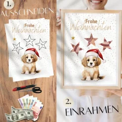 Geldgeschenk Weihnachten Hund mit Weihnachtsmütze |  Geschenkidee Weihnachtsgeld | Wunscherfüller Geld Stern