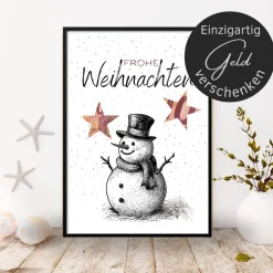 Geldgeschenk Weihnachten Schneemann schwarz weiß |  Geschenkidee Weihnachtsgeld | Wunscherfüller Geld Stern