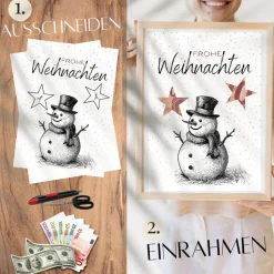 Geldgeschenk Weihnachten Schneemann schwarz weiß |  Geschenkidee Weihnachtsgeld | Wunscherfüller Geld Stern
