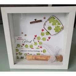 Geldgeschenk zum Geburtstag, 3D Rahmen, Glück aus dem Glas, Kleeblätter