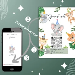 Geldgeschenk zum Geburtstag | Personalisiert | Digitale Spardose | QrCode Geschenkkarte | Party Elefant