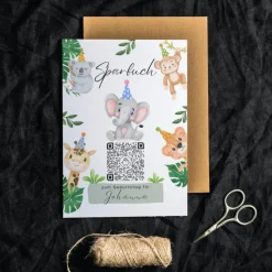 Geldgeschenk zum Geburtstag | Personalisiert | Digitale Spardose | QrCode Geschenkkarte | Party Elefant