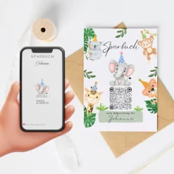 Geldgeschenk zum Geburtstag | Personalisiert | Digitale Spardose | QrCode Geschenkkarte | Party Elefant