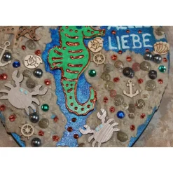 Geldgeschenk zum Muttertag oder Vatertag SEEPFERD, Collage, abstrakt gestaltet auf einem herzförmigen Keilrahmen