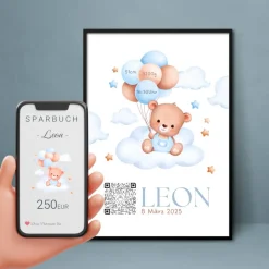 Geldgeschenk zur Geburt | Digitales Sparbuch | Personalisiertes QrCode Bild | Motiv Geburt Blau