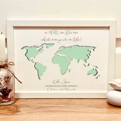 Geldgeschenk zur Jugendweihe personalisiert | Geschenk Bilderrahmen mit Weltkarte | für junge Entdecker