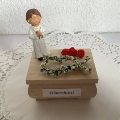 Geldgeschenk zur Kommunion oder Firmung für Junge mit Fisch auf Holz-Box als Geschenk mit Kreuz zum Geld verschenken